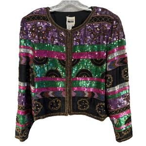 Leslie Fay Womens Silk Jacket Large Pink Floral Sequin Vintage